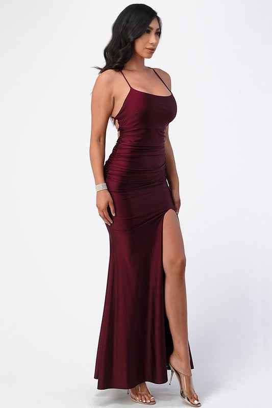 Back lace up mermaid dress with waist shirring Burgundy 13134176_09d245ee-374b-402a-a382-5299f842be08