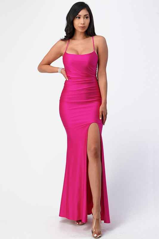 Back lace up mermaid dress with waist shirring Fuschia 13134176_3ca25495-0298-4140-9ec8-da86962e5f9f