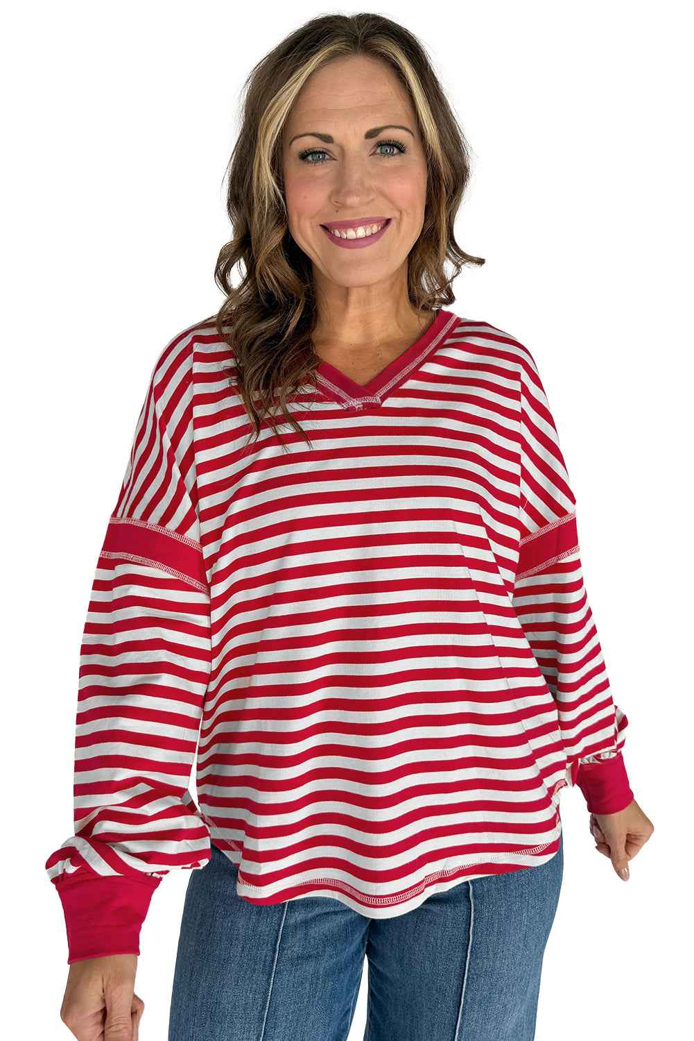 Red Striped Balloon Sleeve V Neck Blouse 13161b0a336a37f7