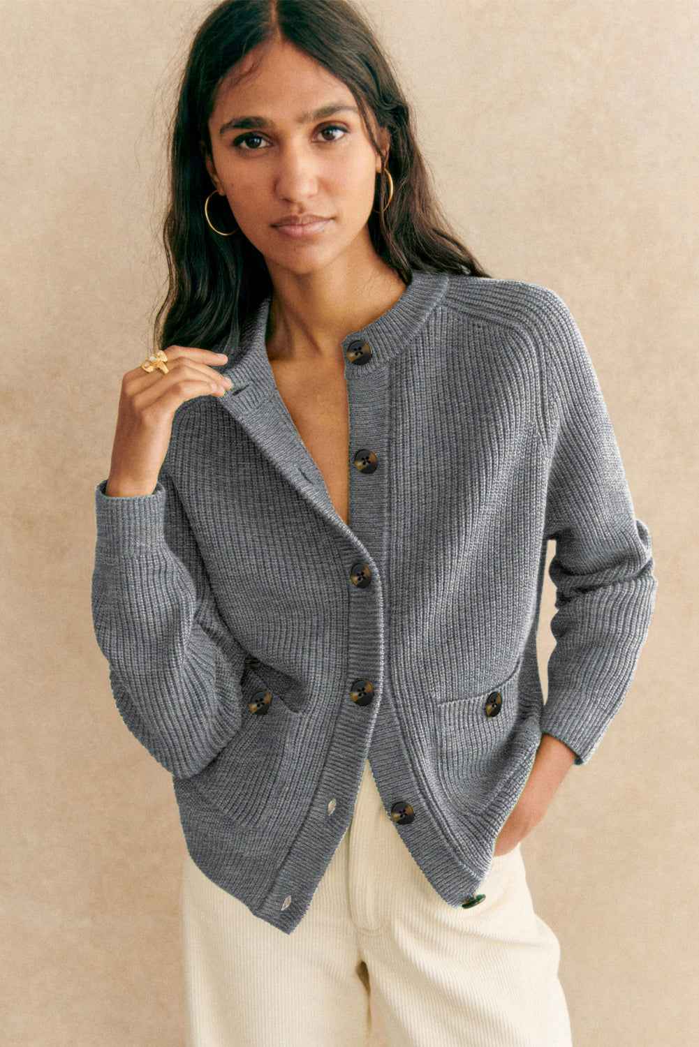 Medium Grey Chunky Buttoned Front Round Neck Cardigan Sweater 13166104c319dcfb