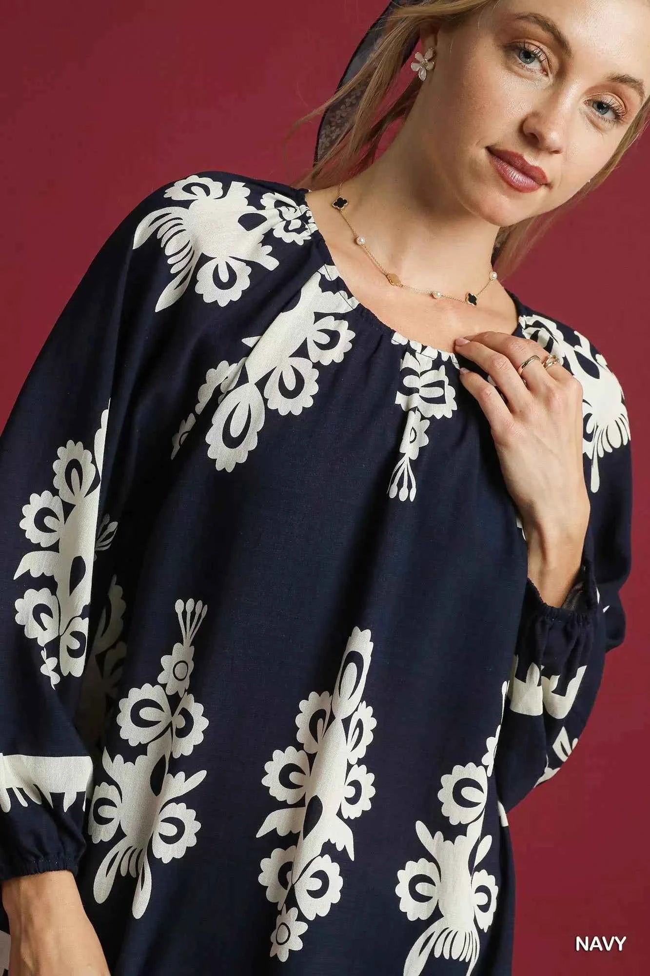 Umgee Two Tone Border Print Top with Balloon Sleeves 131b252d-531a-4c68-875b-d808c3919623-Max-Origin