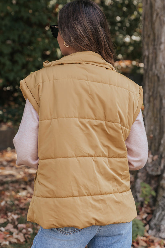 Khaki Oversized Stand Collar Zip Winter Vest 1322a423ea758c14