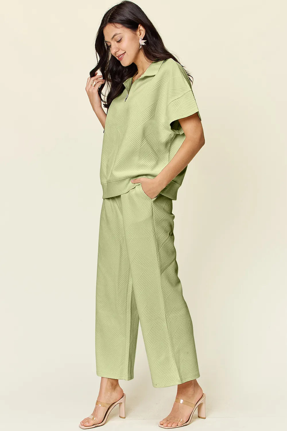 Double Take Full Size Texture Half Zip Short Sleeve Top and Pants Set 1323b379-06cb-419c-ba09-e523f82ff6ab-Max