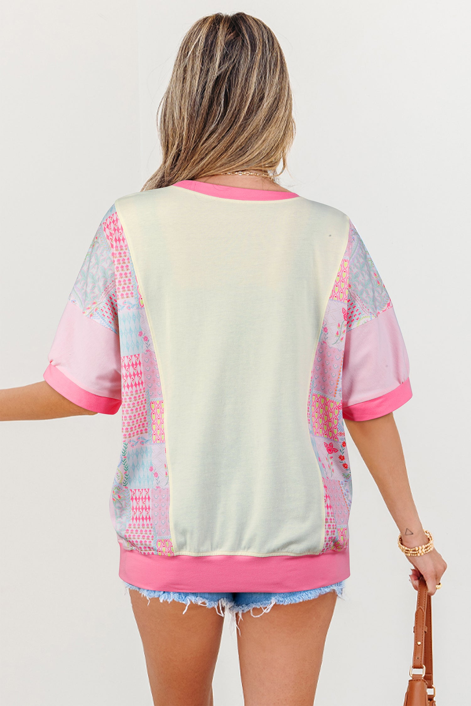 Beige Color Block Floral Patchwork Big Flower Accent Relaxed Top 132fc8bdfdc86c80
