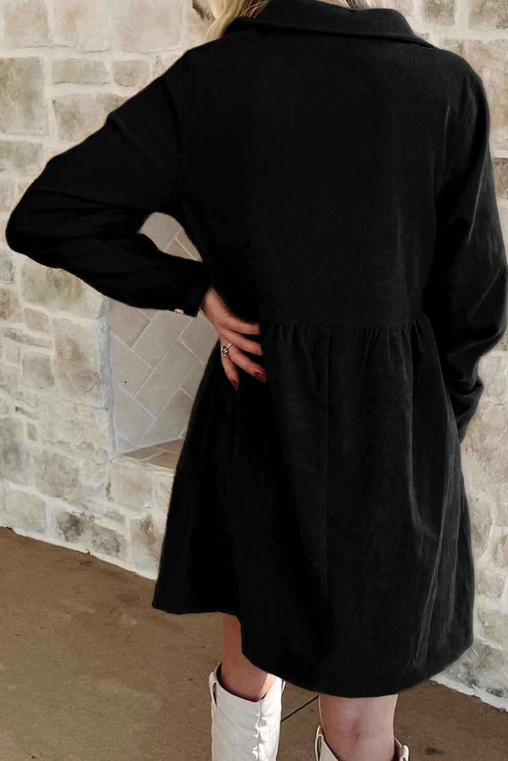 Black Shimmer Christmas Tree Patched Patterned Half Buttons Long Sleeve Dress 13305b0a413fb223