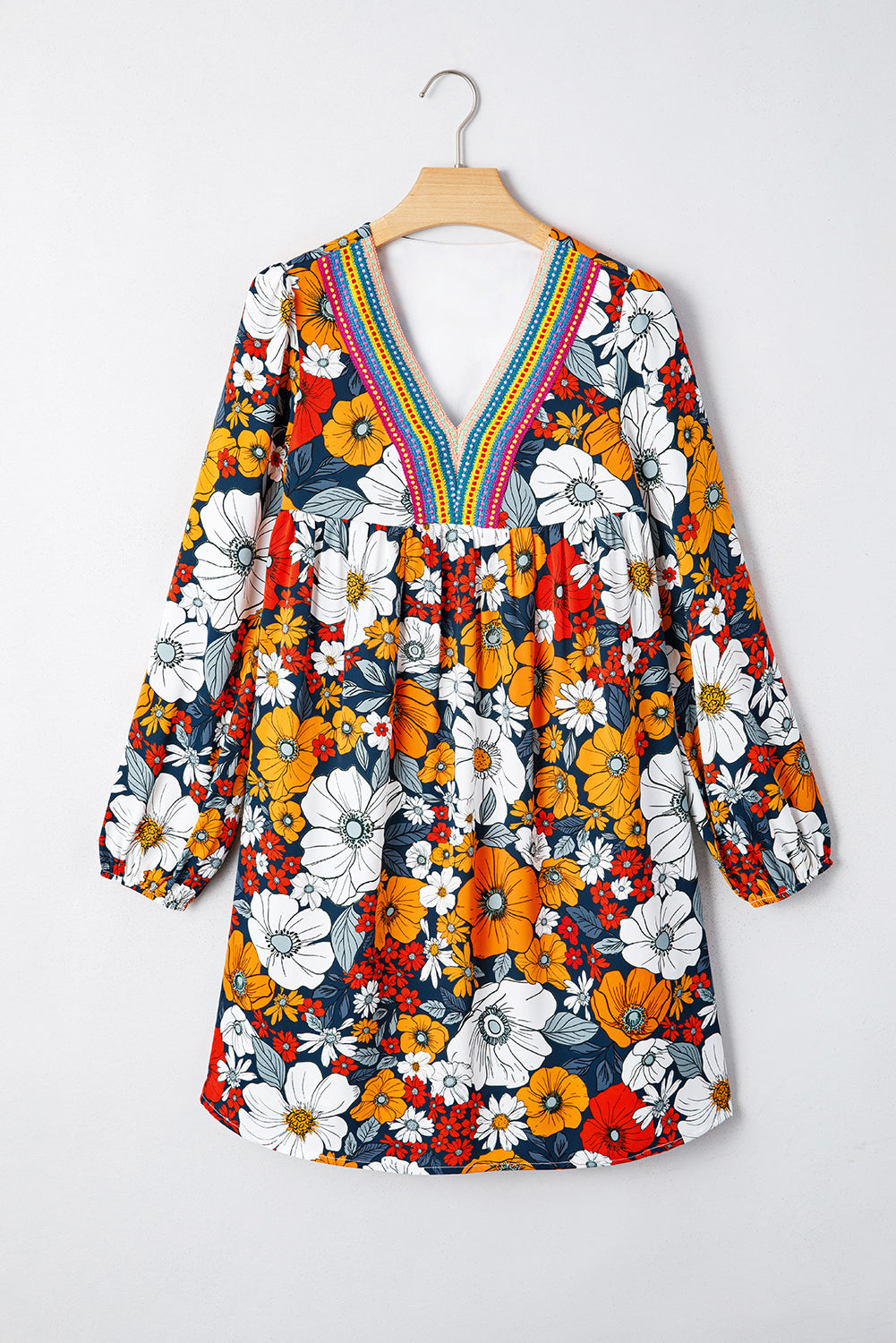 Orange Floral Print Striped Lace V Neck Long Sleeve Mini Dress 133d5a08a84adf09