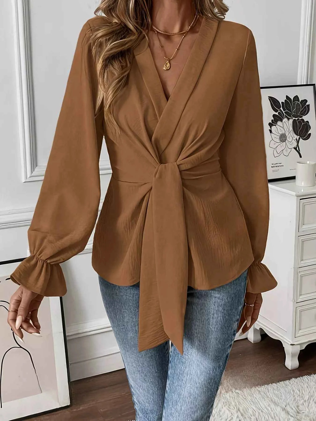 Knot Front Flounce Sleeve Blouse 133e00167d5844be8656854f98d29ebc-Max-Origin