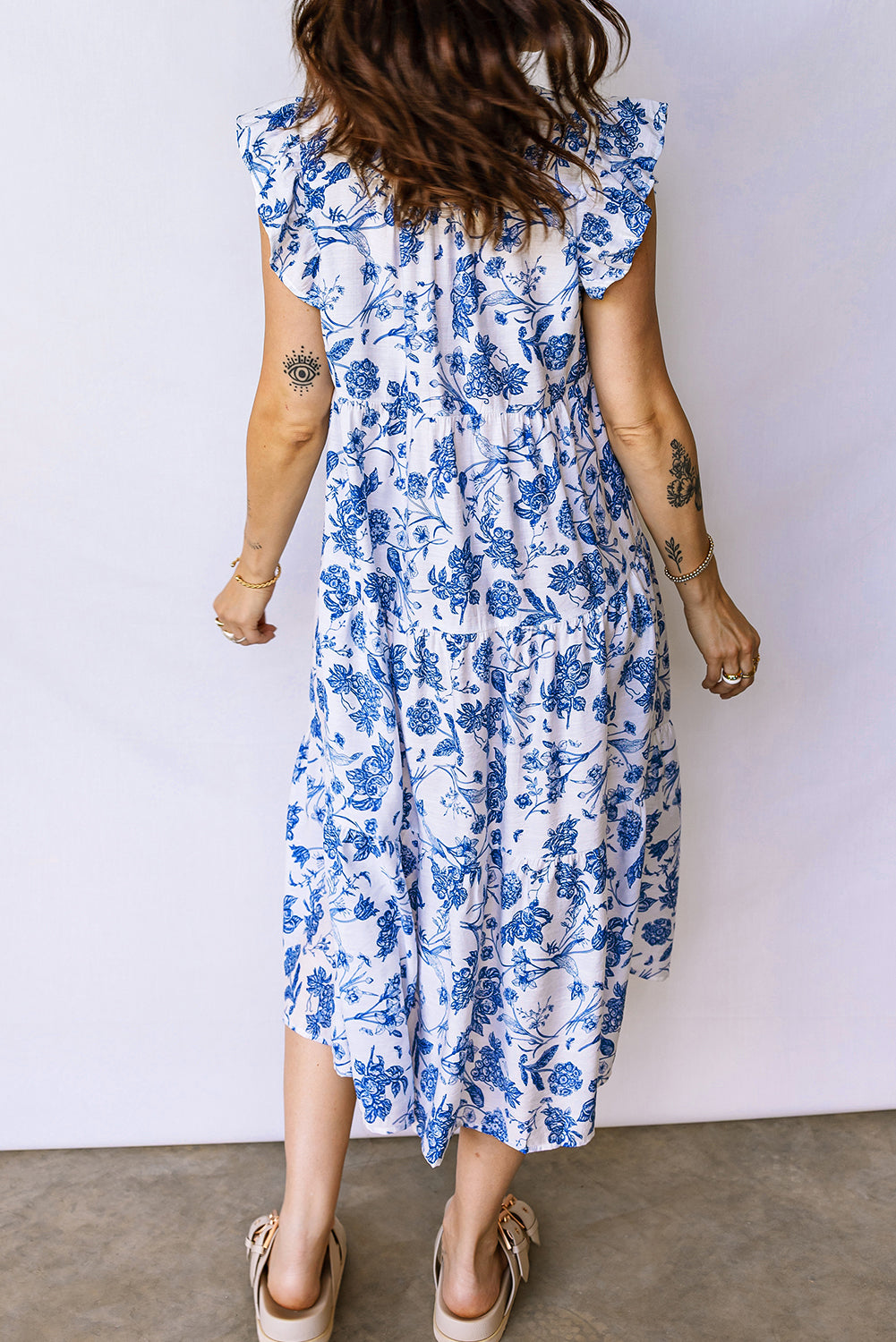 Blue Ruffled Short Sleeve Tiered Floral Midi Dress 133e1d4b43946ec5