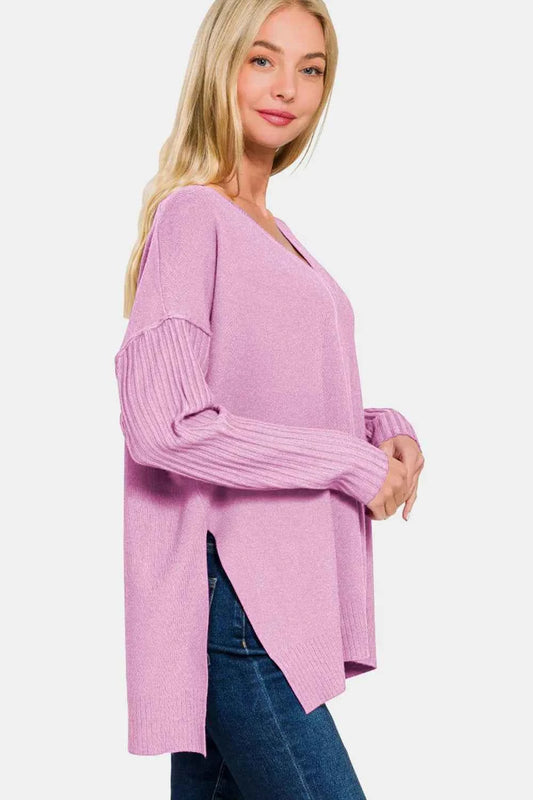 V-Neck Side Slit High-Low Sweater 133eb0bd-18a1-4fd9-be55-9b79eefd202f-Max