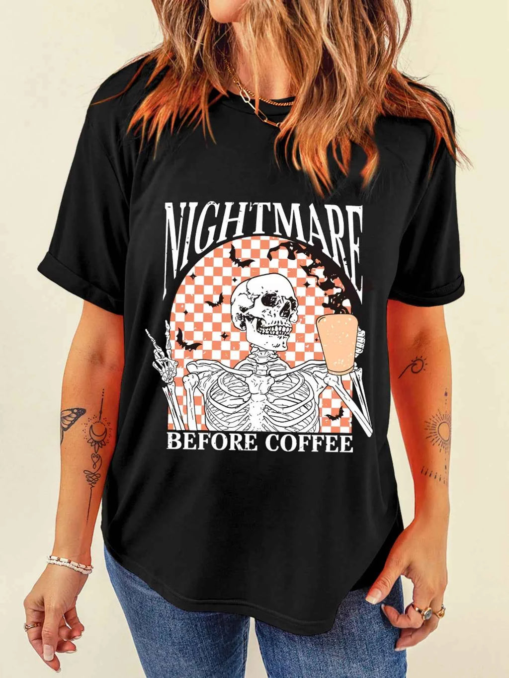 Halloween Skull Checkerboard Graphic Round Neck Tee 1349a343a49e4f3d88dd4a7c98a65d6b-Max-Origin