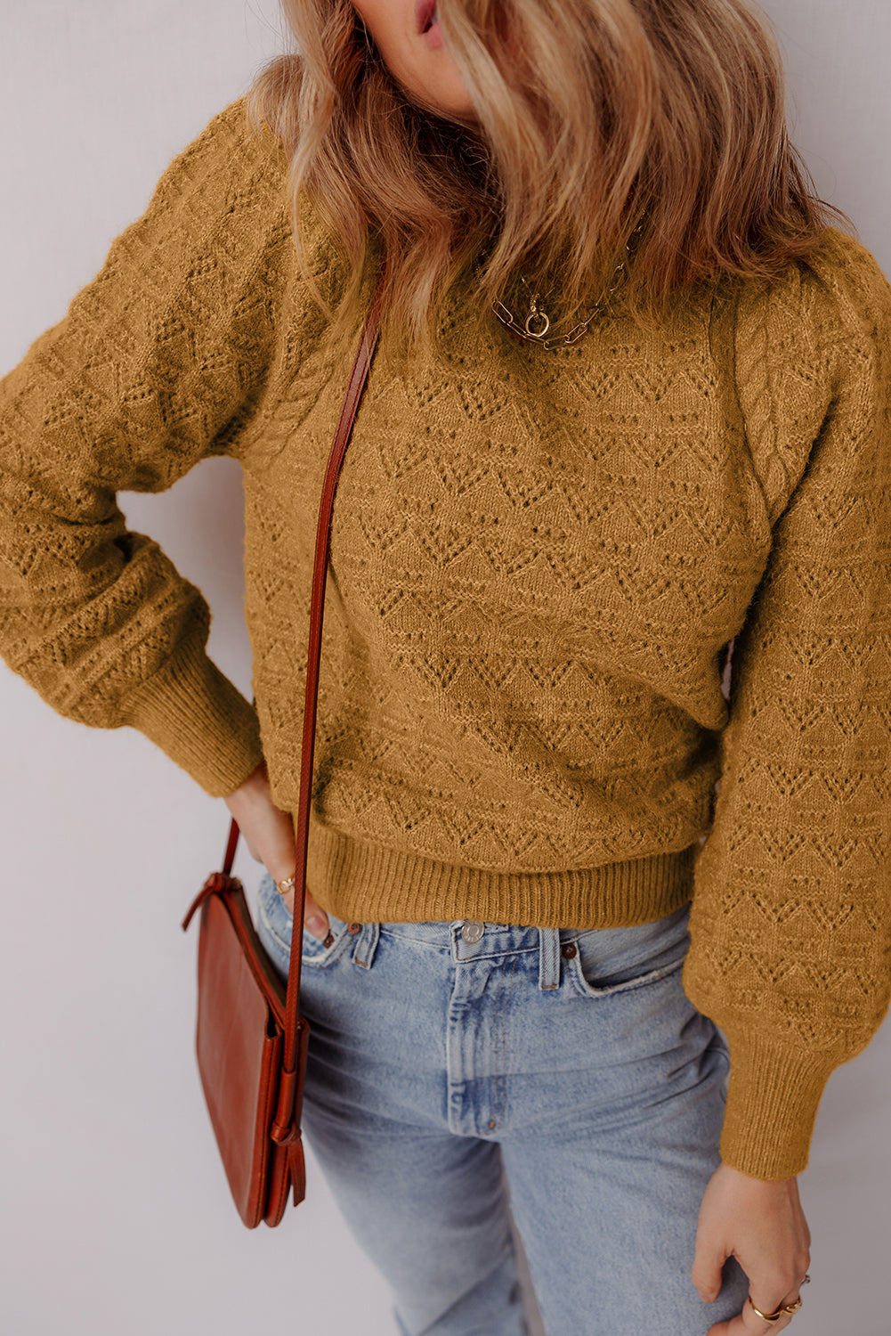 Jurassic Gold Hollow Out Crochet Ribbed Edge Balloon Sleeve Sweater 134ed086ae50f8f7