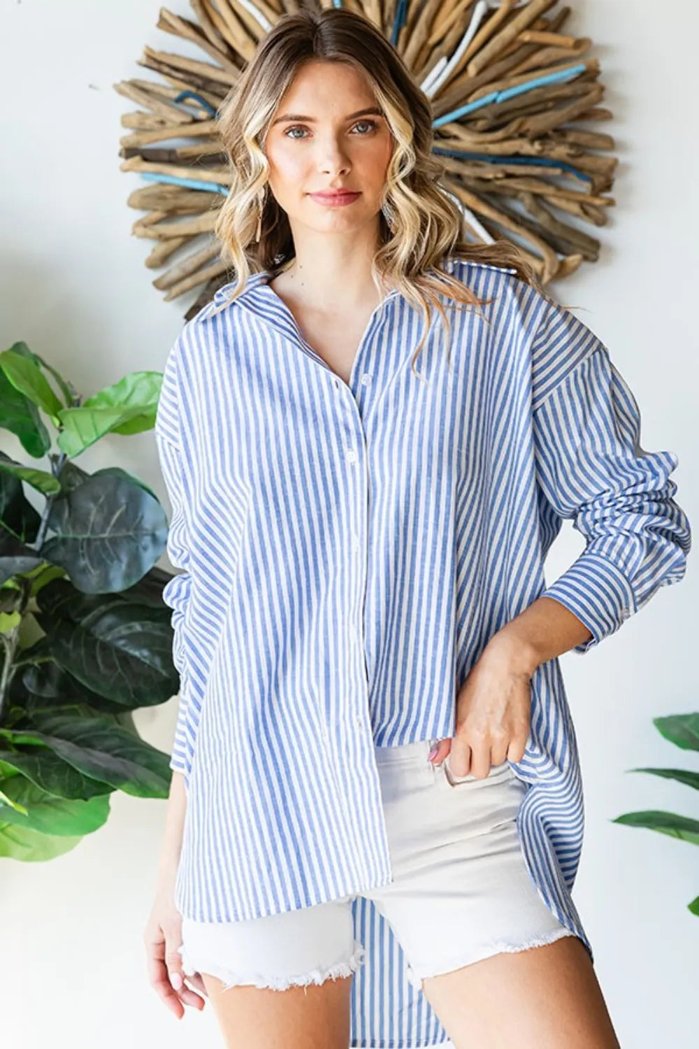 Striped Button Down High-Low Hem Shirt 134ed685-c26b-4439-9eed-0aedf62ffd36-Max