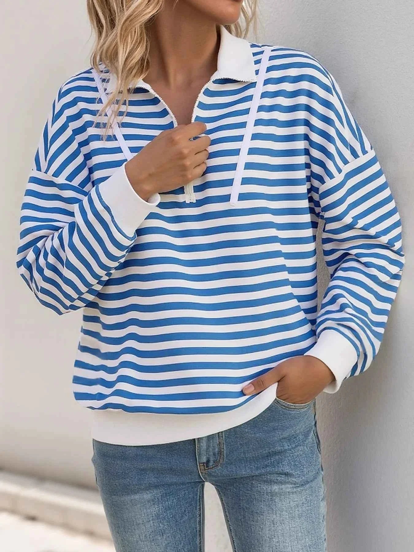 Striped Quarter Zip Long Sleeve Hoodie 134f06a38c65455aa58a77a72dc53174-Max-Origin