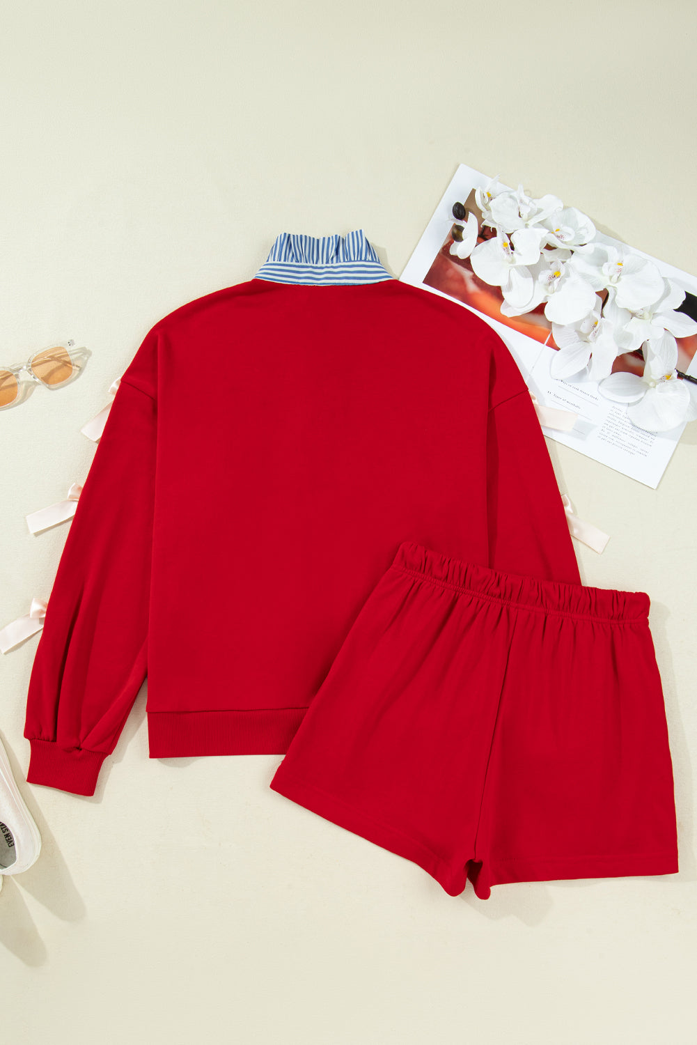 Racing Red Striped Collar Knot Sleeve Sweatshirt and Shorts Set 13581f2f83a55924