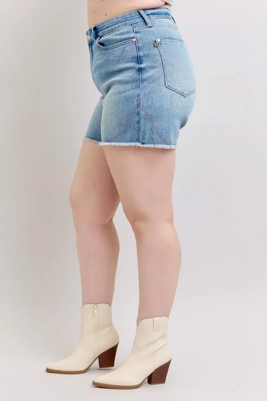 Judy Blue Full Size High Waist Western Embroidery Detail Cut Off Denim Shorts Plus Size 135edf34-6156-4d55-856b-6e01f8d5fa4c-Max-Origin