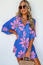 Blue Summer Flower Print Shirt Collar Loose Romper 1367516ddc795f4e-_3