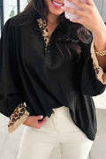 Black Leopard Contrast V Neck Long Sleeve Blouse Black 100%Polyester 136c9550f4e54b13
