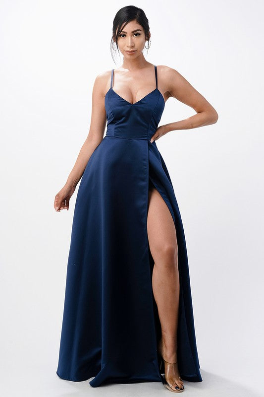 open side back spaghetti zig zag tie satin gown Navy Blue 13703734_4493f3df-4add-4528-aee8-bf5104ebd8ed