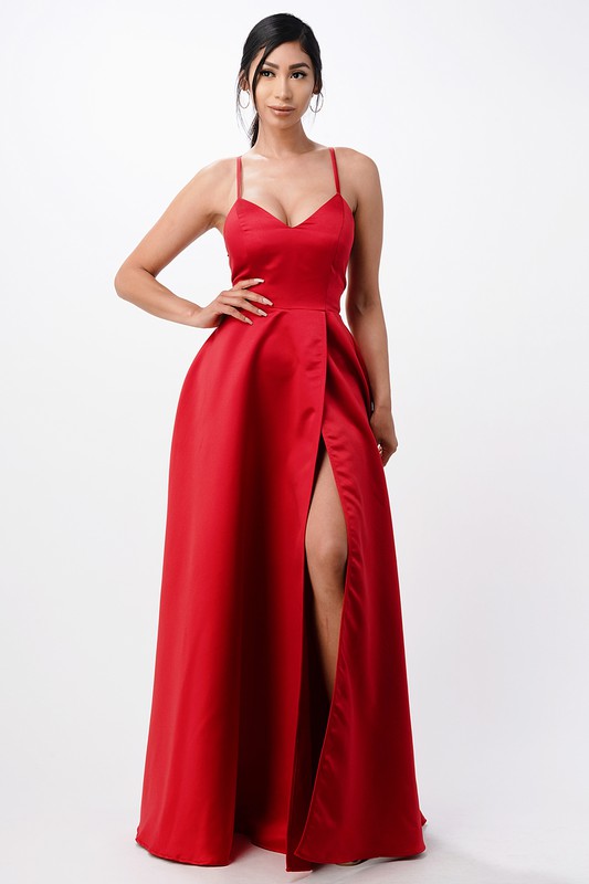 open side back spaghetti zig zag tie satin gown Red 13703734_a0715229-74c2-415c-8ec7-8325c77e30c6