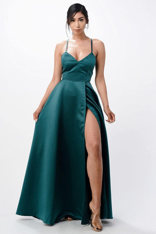 open side back spaghetti zig zag tie satin gown Hunter Green 13703734_b9eef62f-4c02-4d05-af60-4257ba283849