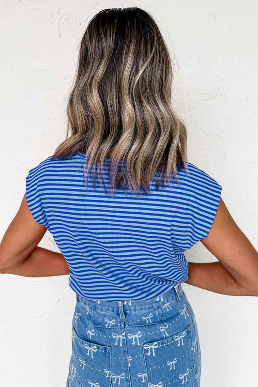 Sky Blue Stripe Ribbed Cap Sleeve Round Neck T Shirt 13707013955b00f3