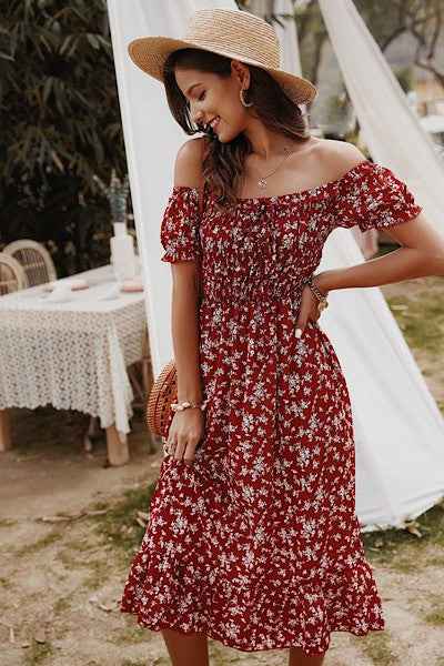 Off shoulder midi floral dress Red 13746291_3c23de80-7258-4242-94ac-9f92aab22433