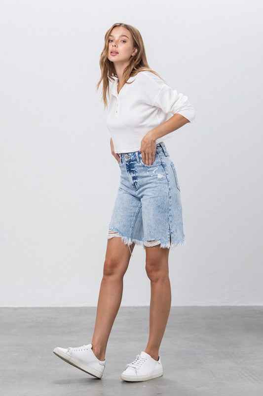 High Rise Frayed Hem Bermuda Denim Shorts 13756925_3a85f0bb-bfac-44d3-931b-08d8f3f2eaea