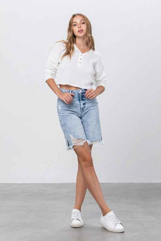High Rise Frayed Hem Bermuda Denim Shorts 13756925_523b60e4-491f-468b-af51-4f1bdea95aee