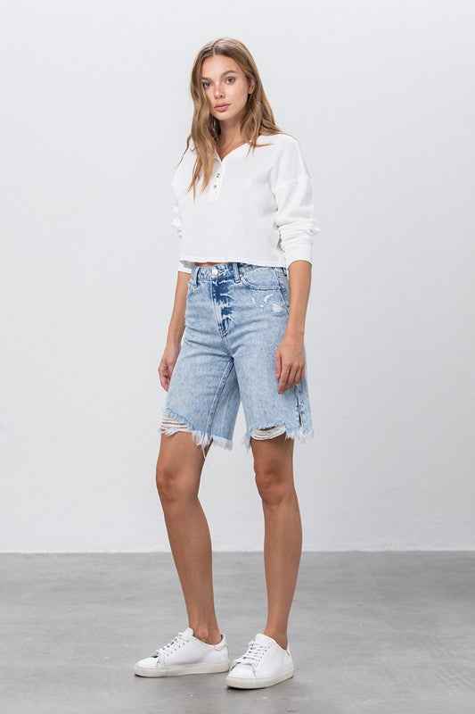High Rise Frayed Hem Bermuda Denim Shorts 13756925_6fe33bfb-2827-469c-bb77-21c7fe1183ae