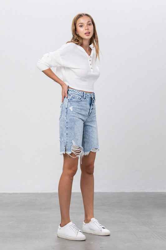 High Rise Frayed Hem Bermuda Denim Shorts 13756925_a636ce61-270b-47fe-9725-a7d79fb3b348