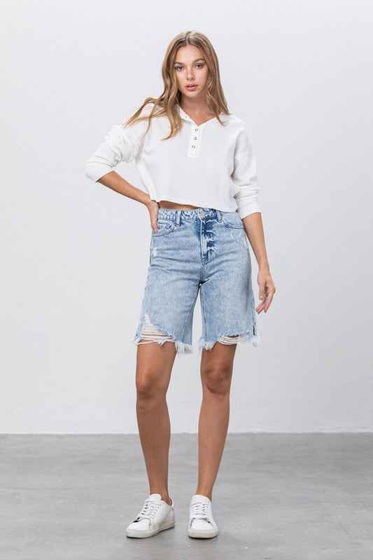 High Rise Frayed Hem Bermuda Denim Shorts 13756925_a6f7e222-8ed4-4140-b841-765e4608c1b2