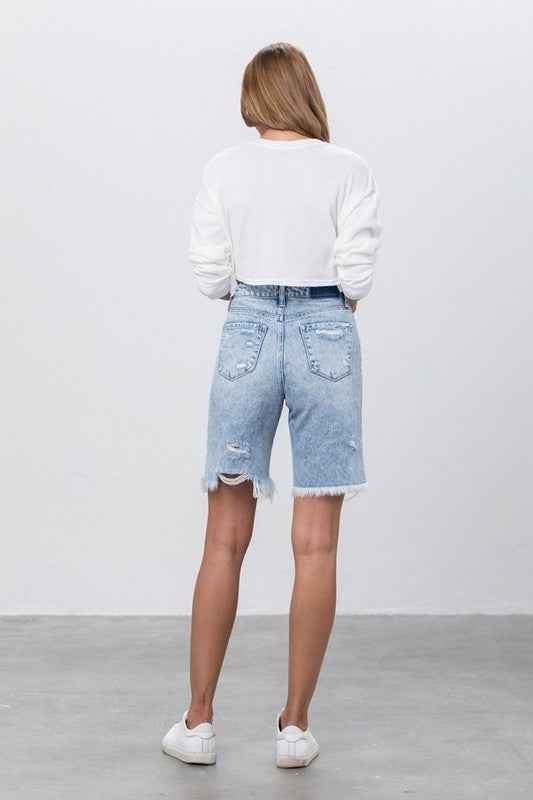 High Rise Frayed Hem Bermuda Denim Shorts 13756925_f04dc3f8-566a-4397-98ed-55bee526a1ef