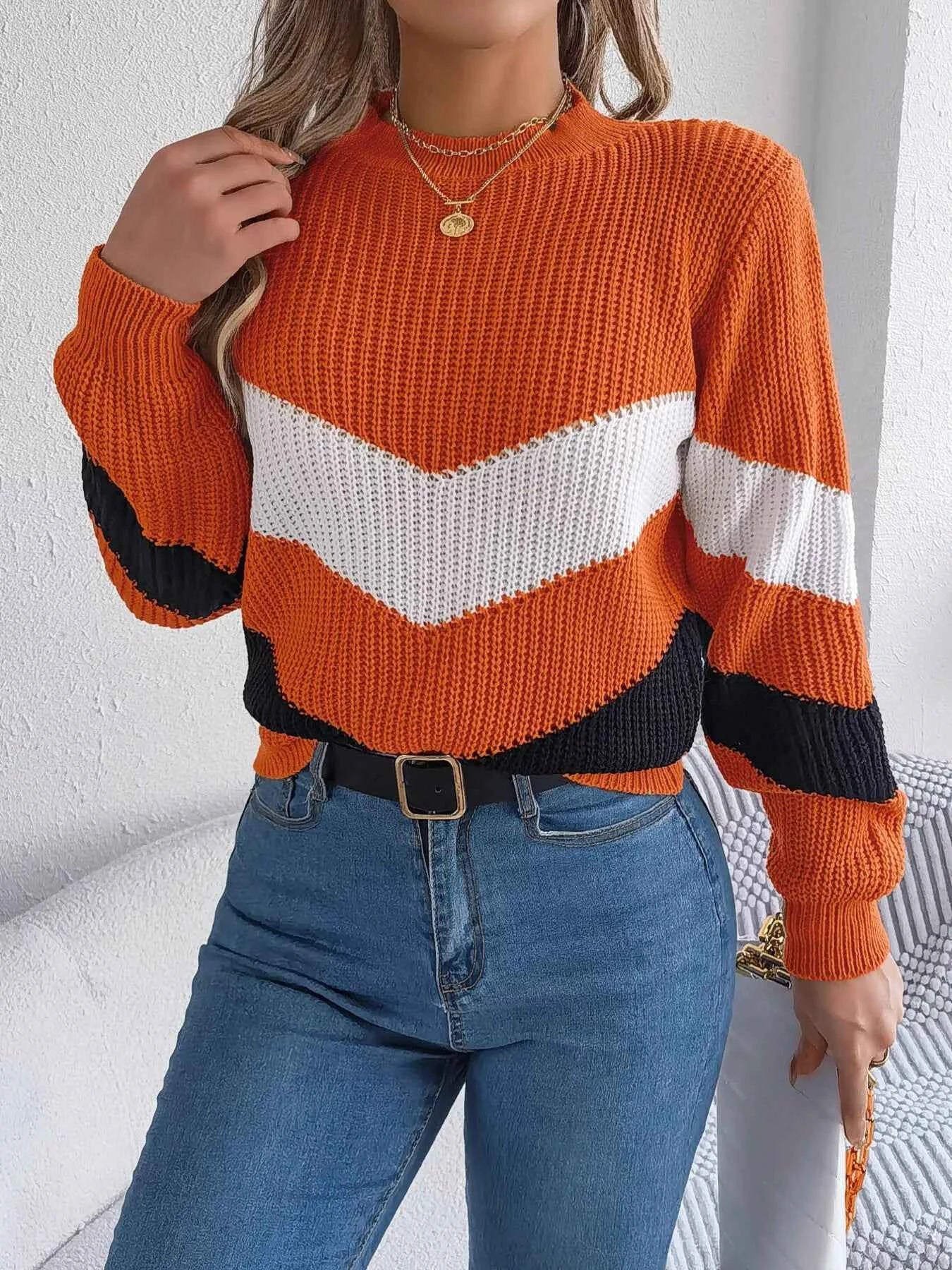 Chevron Stripe Color Block Round Neck Sweater 1376aa3f55d64a5e94060f761c1263af-Max-Origin