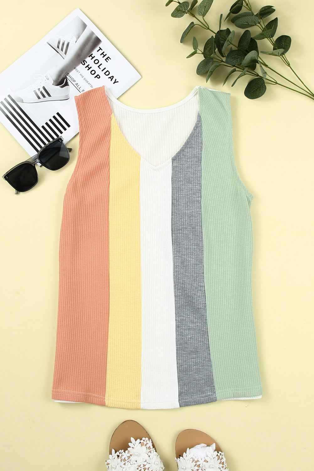 Multicolor Color Block Casual V Neck Waffle Knit Tank Top 137b8715d94b754c