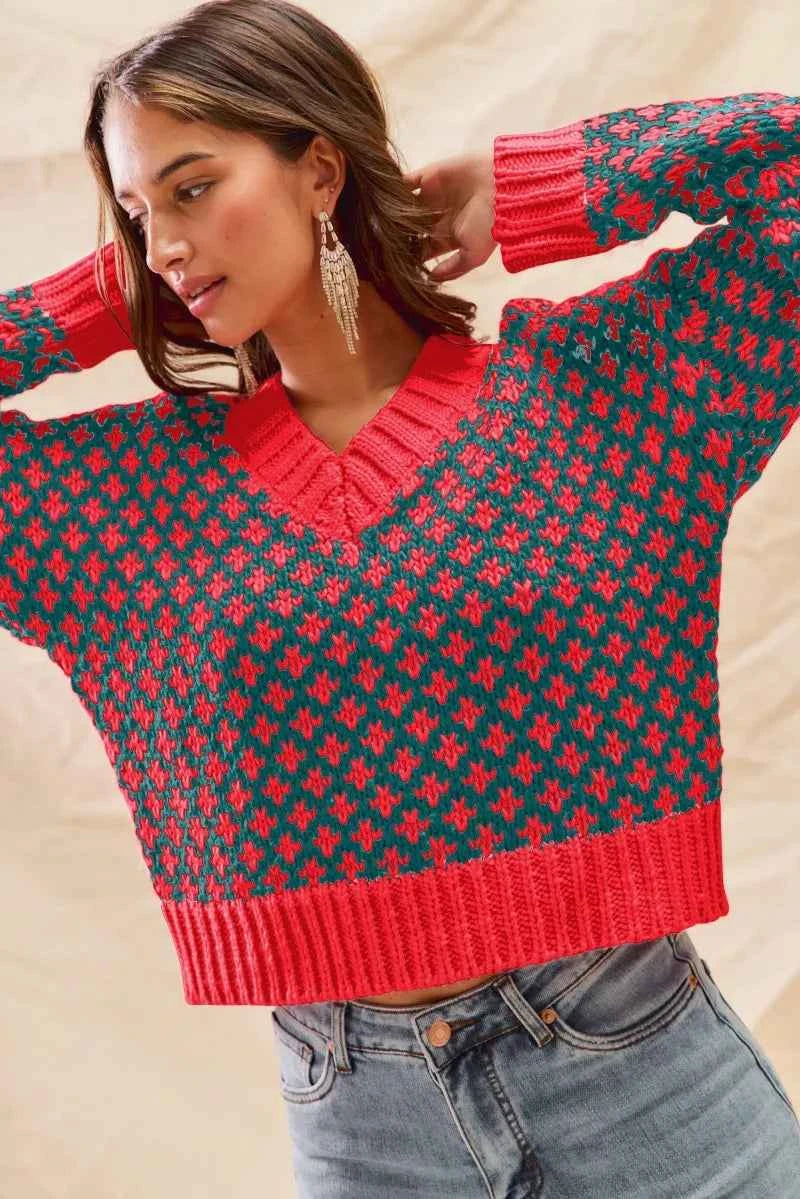 Color Block Textured Christmas Sweater V Neck Top HUNTER RED 1382de79ec344321b53b70e99f861bcc-Max-Origin