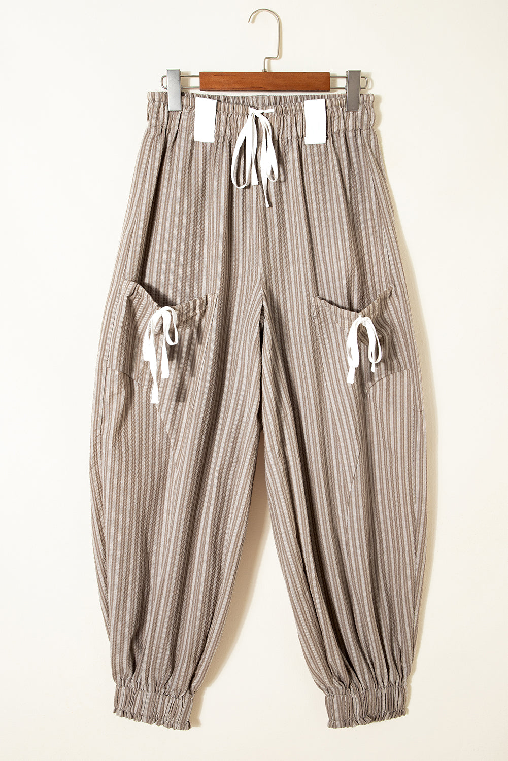 Brown Striped Pocket Knot Detail Lantern Pants 138412925234cd3b