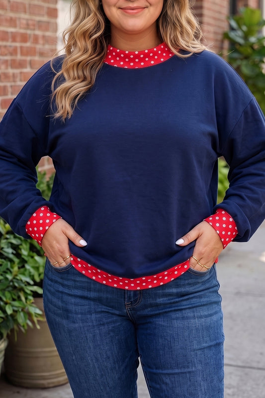 Dirty blue ka Dot Patchwork Round Neck Plus Size Sweatshirt Dirty blue 50%Polyester+50%Cotton 1388098dfd9f0679
