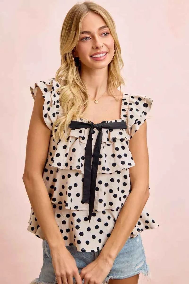 BiBi Polka Dot Ruffled Bow Tied Square Neck Sleeveless Top 13926ee308af499a8bfe4326cba96edf-Max-Origin