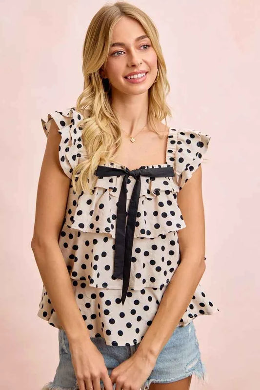 Polka Dot Ruffled Bow Tied Square Neck Sleeveless Top 13926ee308af499a8bfe4326cba96edf-Max-Origin