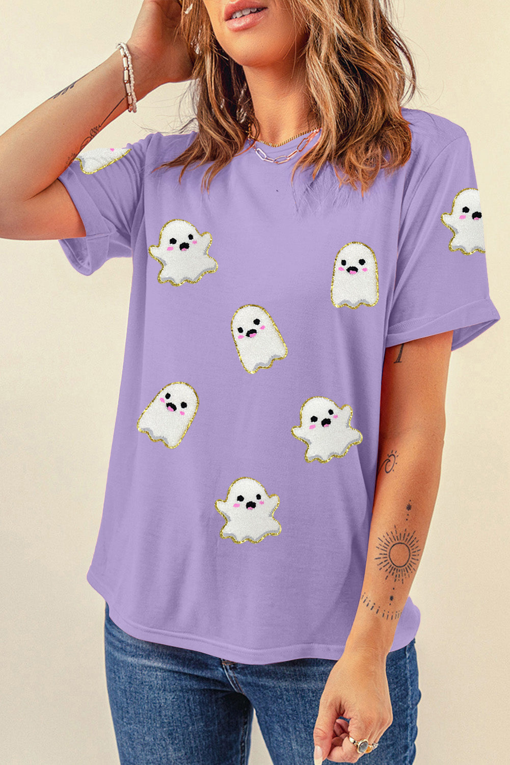 Wisteria Glitter Trim Chenille Ghost Sequins Patch Application Halloween Graphic Tee 139fa7861a046305