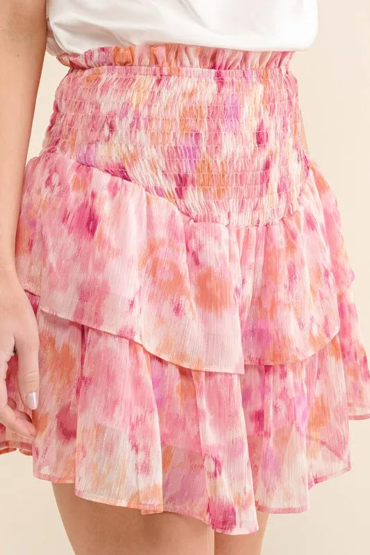 Printed Lurex Smocked Waist Tiered Ruffled Skort 13a36c428298462198fce5421adf4689-Max-Origin