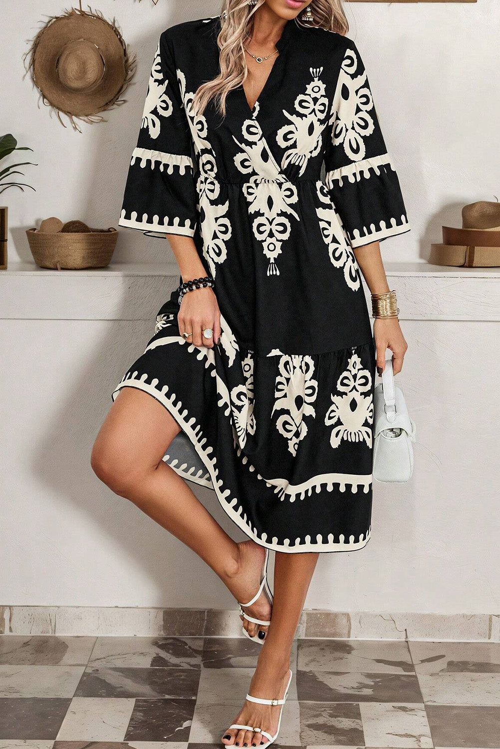 Black Ethnic Print 3/4 Sleeve Loose Midi Dress 13a3846c3cce9110