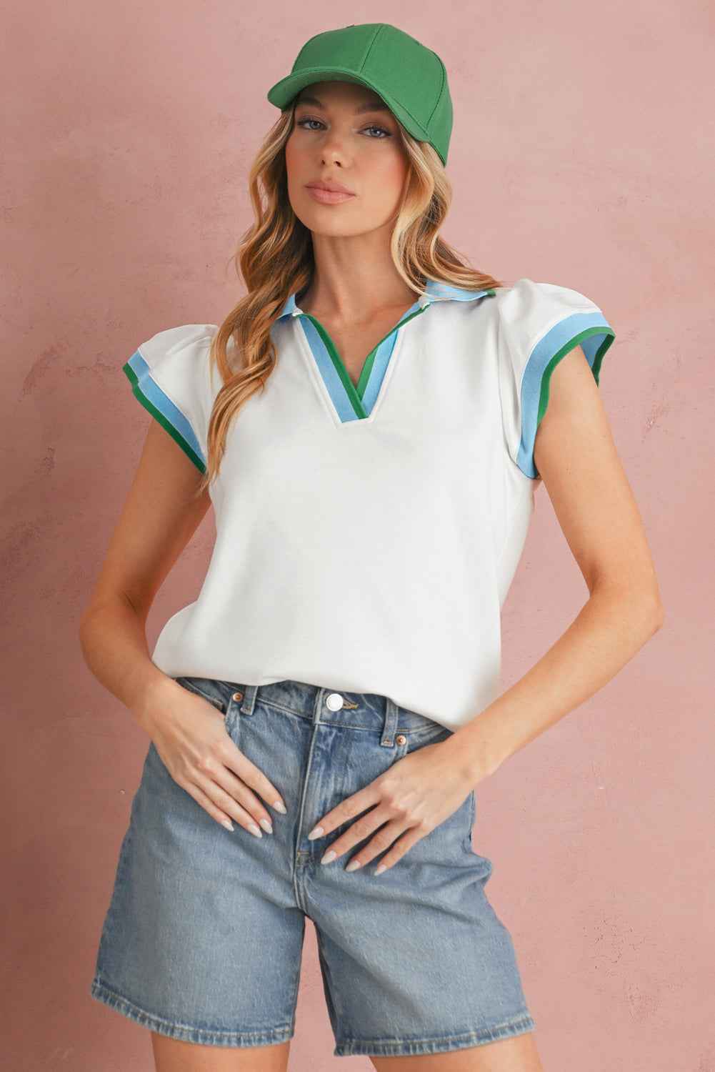 White Pop of Color Collared V Neck Ruffle Sleeve Blouse 13a797fb19646ecb
