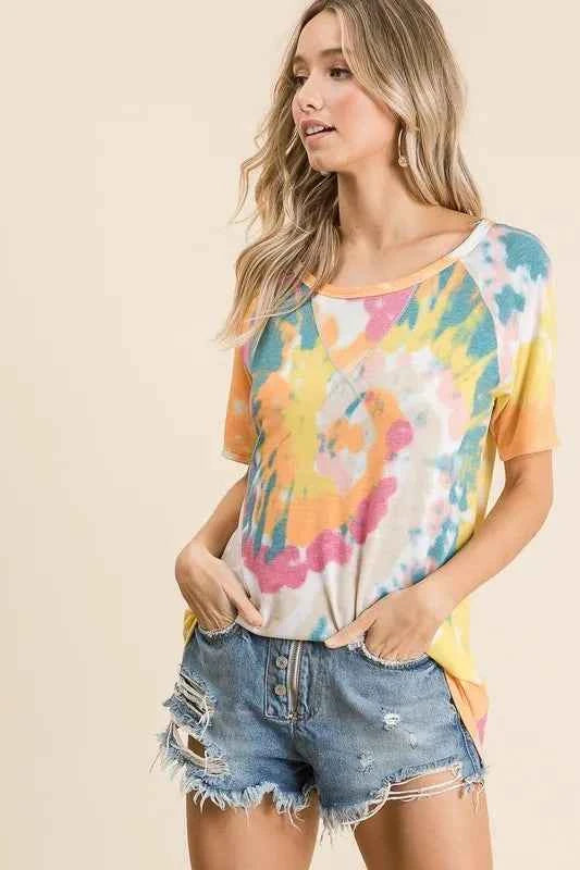 BiBi Tie Dye Print Short Sleeve T-Shirt with Raglan Sleeves 13aa030ef2db459186a831d011feaadd-Max-Origin