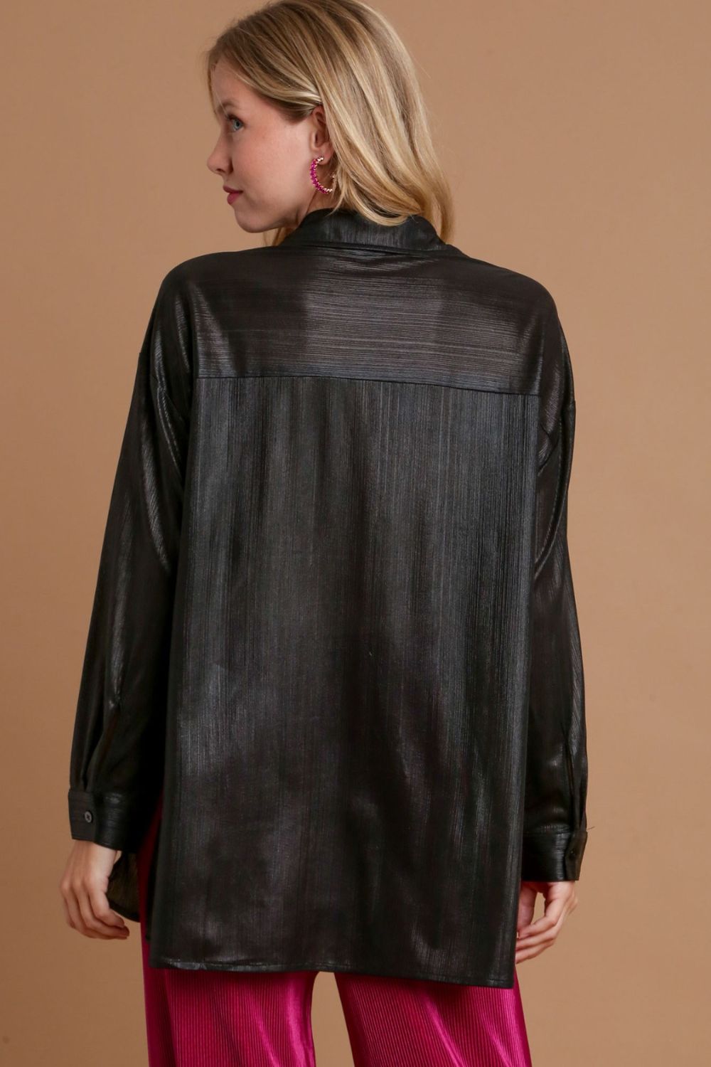 Umgee Side Slit Button Up Long Sleeve Shirt