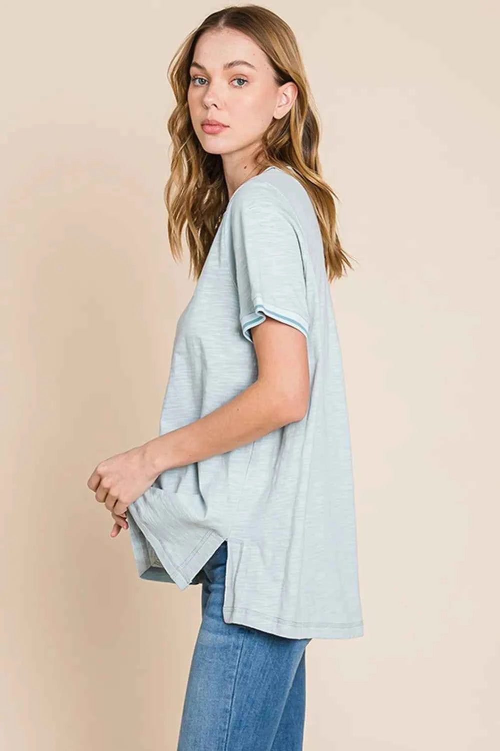 Cotton Bleu by Nu Lab Contrast Trim Short Sleeve Slit T-Shirt 13b34a50-fd1a-47e9-a66a-a6c7c1045836-Max