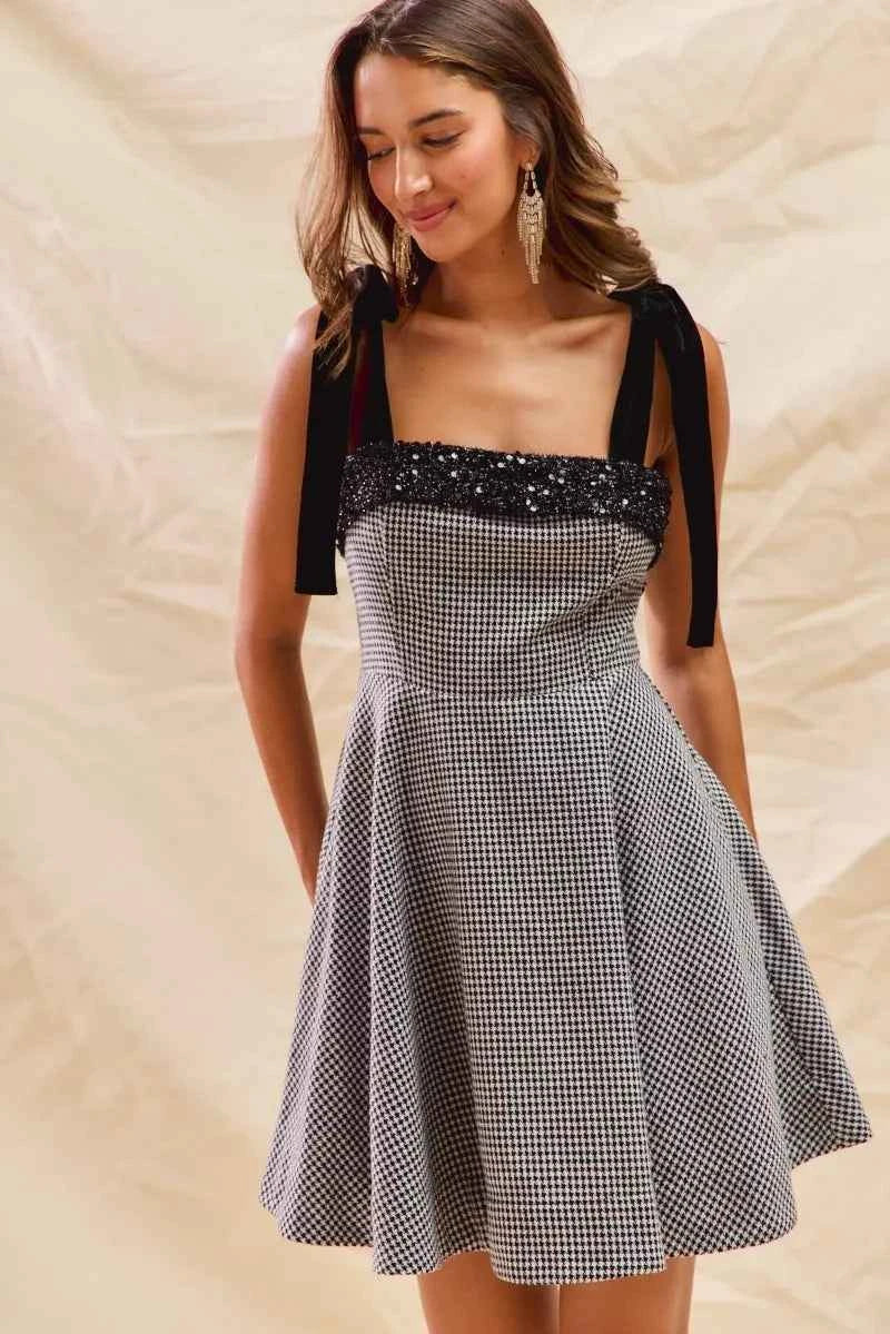 SO ME Houndstooth Fit Flare Mini Dress with Shoulder Tie 13b8e01d28404052aa7d8d04b5bee39a-Max-Origin