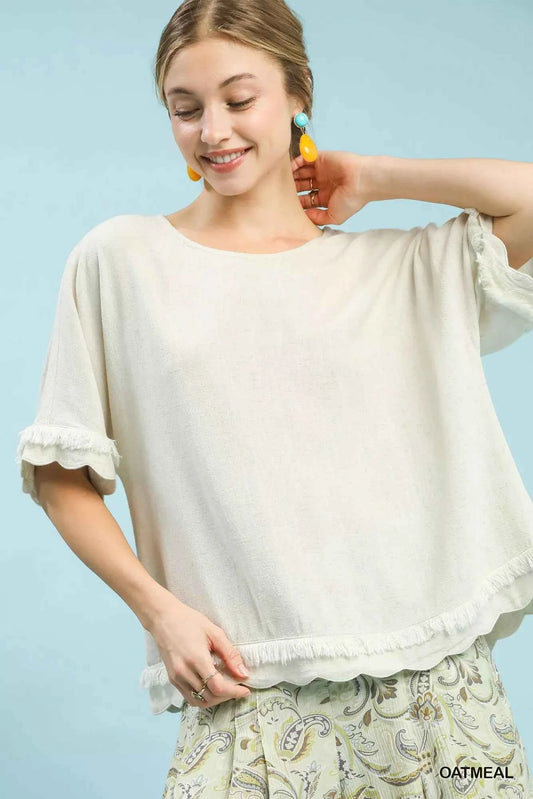 Linen Frayed Hem Scallop Edge Top OATMEAL 13baf3cc-2a4e-4243-9d50-2c699d1d29e6-Max-Origin