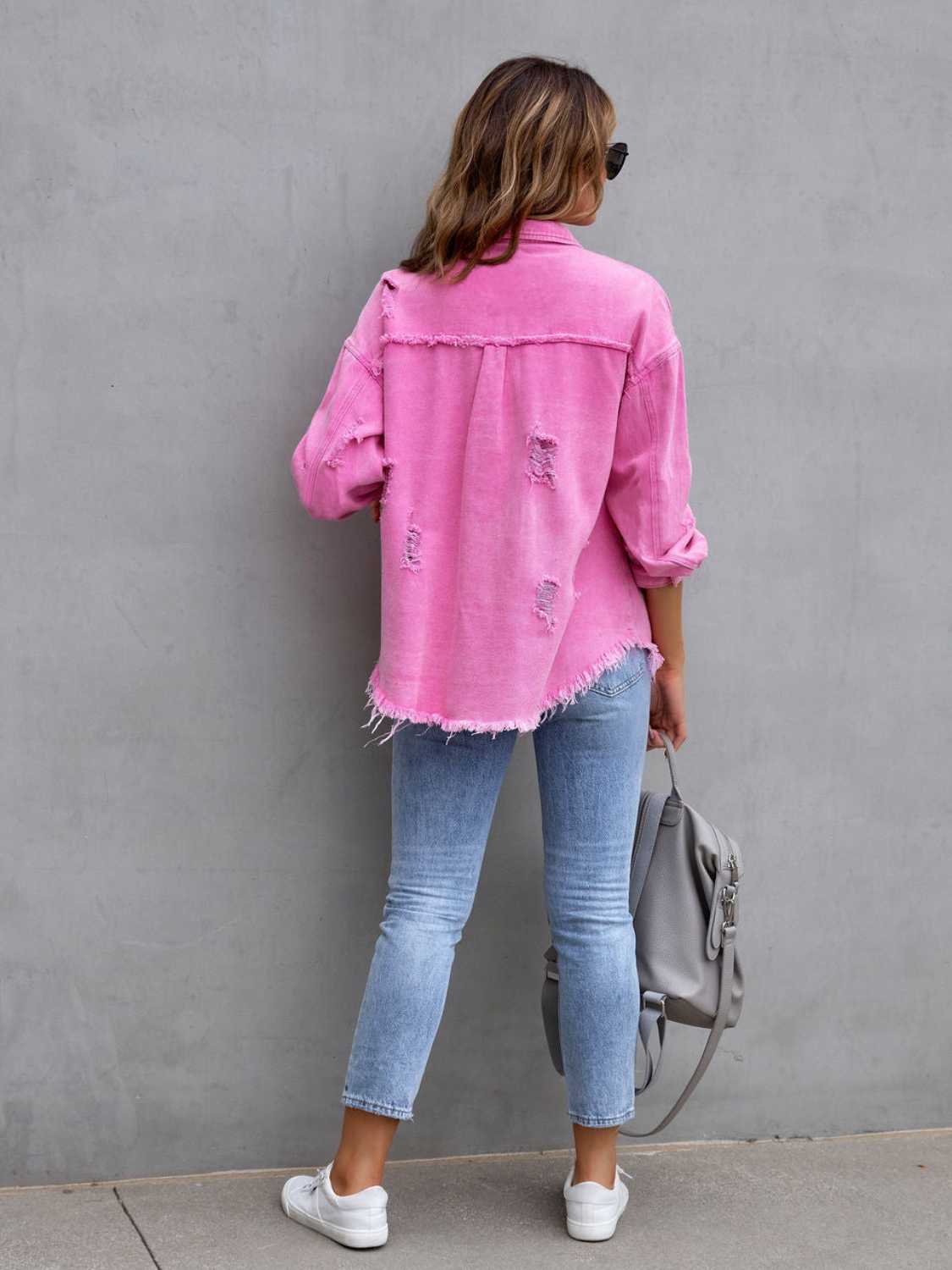 Distressed Drop Shoulder Denim Jacket 13bce6b638b64069b15c4b4204a0239d-Max