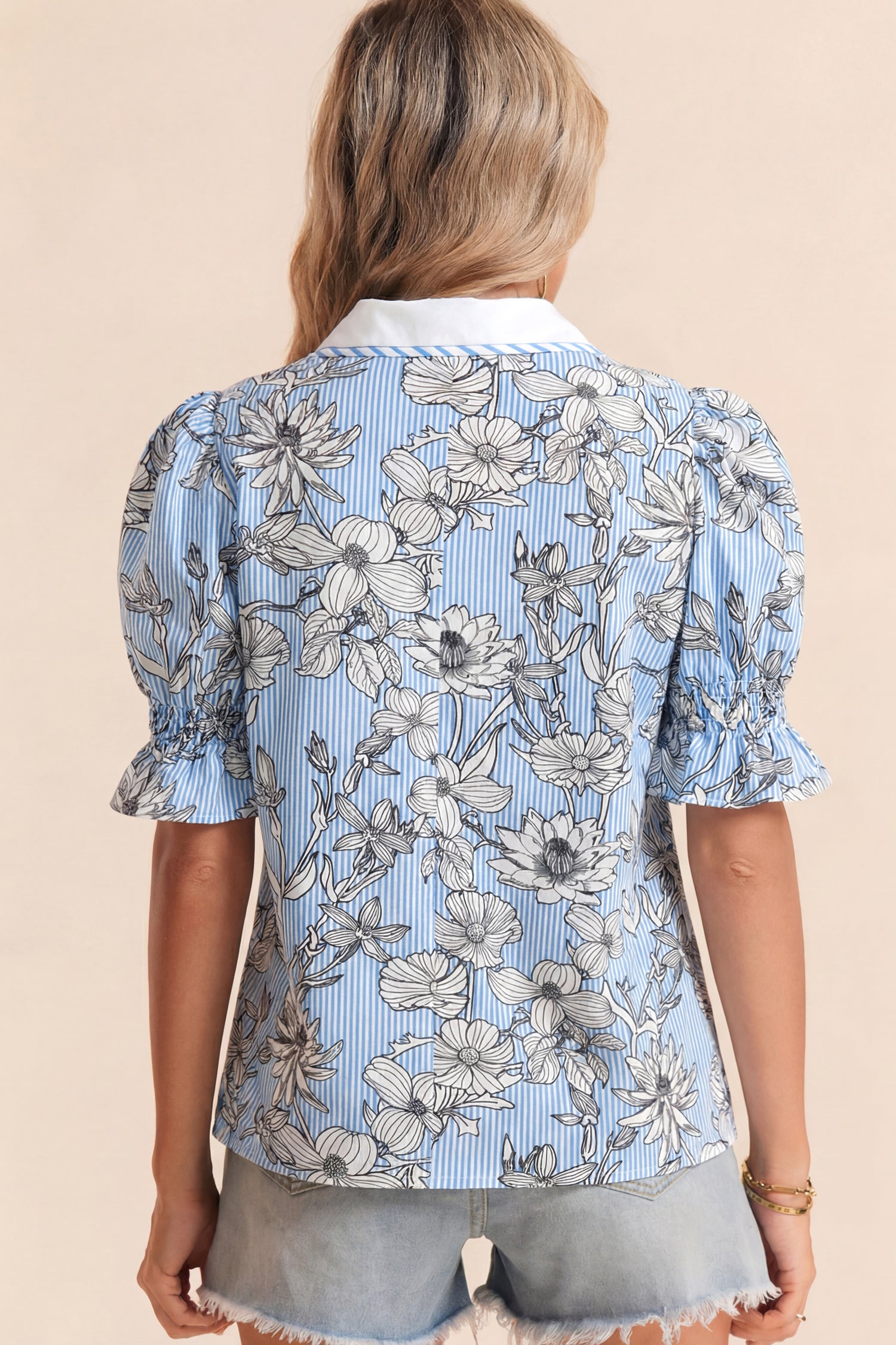 Sky Blue Floral Striped Printed Polo Collar Short Sleeve Blouse 13c2c7a90be2d575